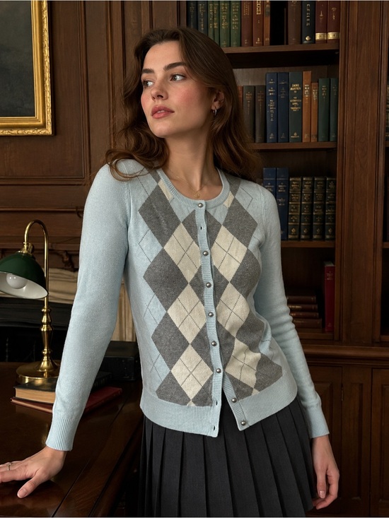 Talbots Sweaters - Talbots Argyle Cardigan Sweater Small Blue Gray Lambswool Angora NWT Academia